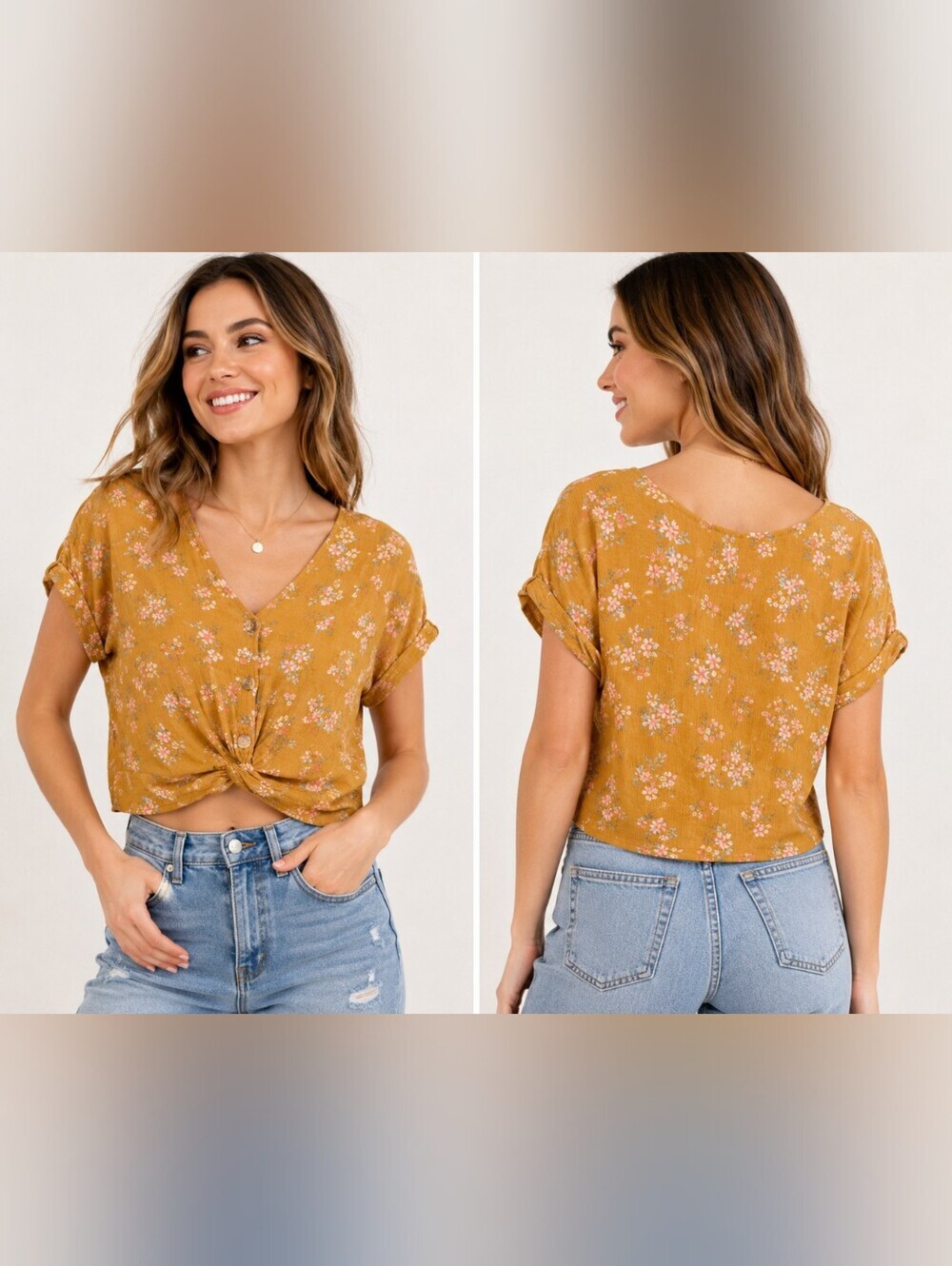 🌼 SO Mustard Floral Button Front Twist Crop Top | Size Small | Cottagecore Boho